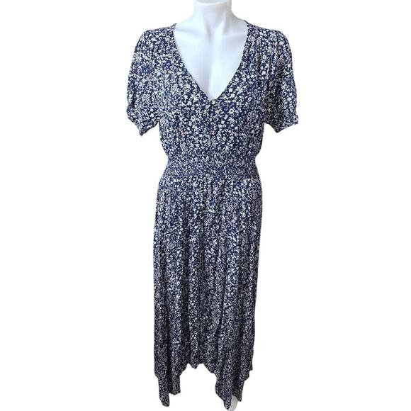 Hayden Los Angeles Romantic Floral Ruched Waist Maxi Navy Dress Button Up Size L - Picture 1 of 12